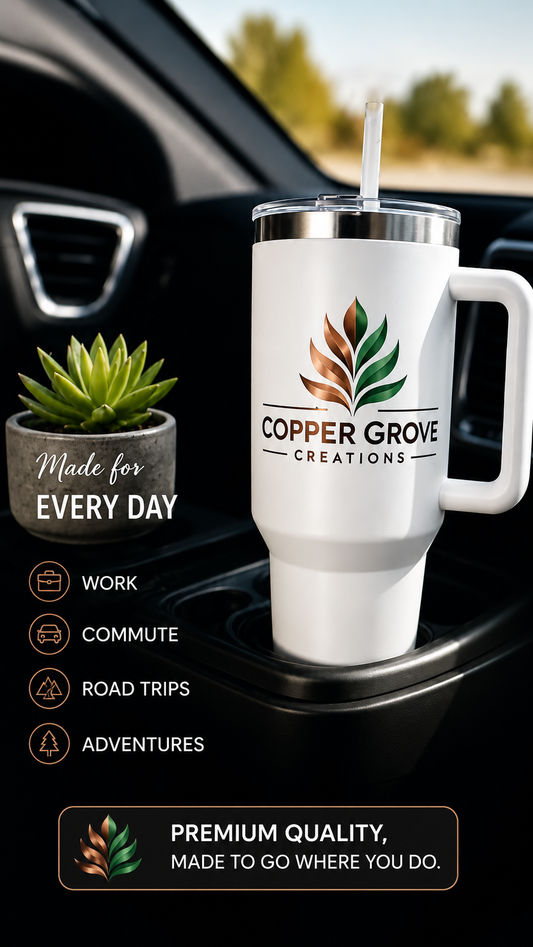 Custom UV printed 40 oz handled tumbler in a car cup holder, showcasing an insulated travel mug for work, commuting, road trips, adventures, and everyday hydration.