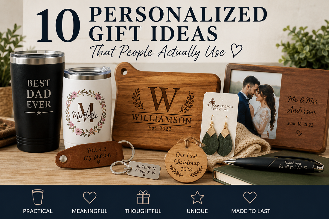 10 personalized gift ideas including custom engraved tumblers, laser engraved cutting boards, photo gifts, keychains, earrings, and UV printed keepsakes from Copper Grove Creations.