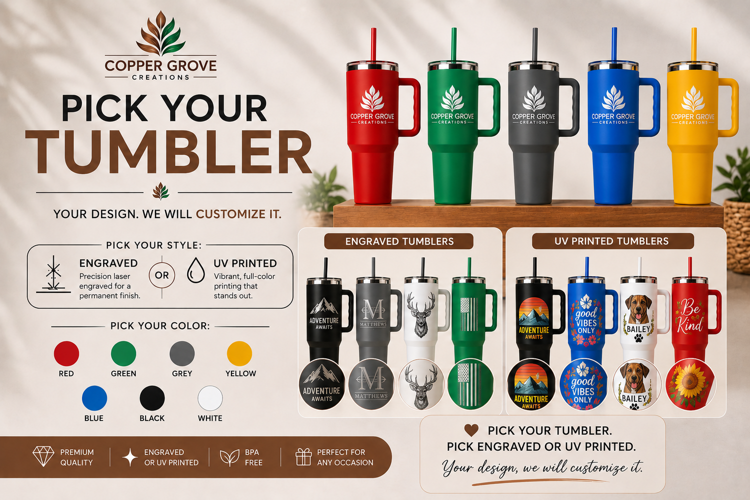 Custom engraved and UV printed tumblers available in multiple colors including red, green, gray, yellow, blue, black, and white with personalized logo and design options