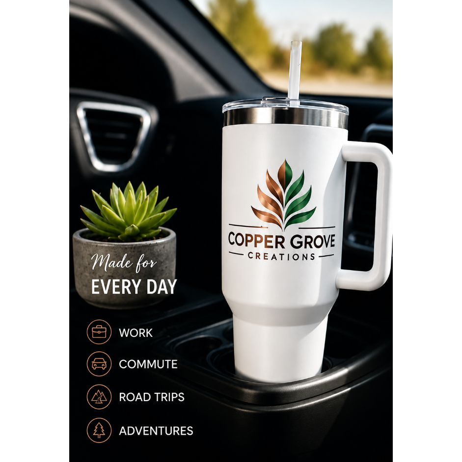 Custom UV printed 40 oz handled tumbler in a car cup holder, showcasing an insulated travel mug for work, commuting, road trips, adventures, and everyday hydration.