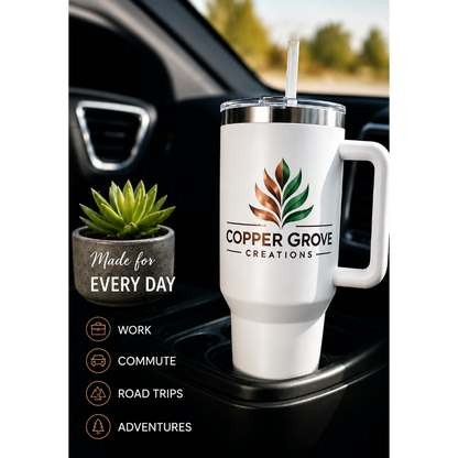 Custom UV printed 40 oz handled tumbler in a car cup holder, showcasing an insulated travel mug for work, commuting, road trips, adventures, and everyday hydration.