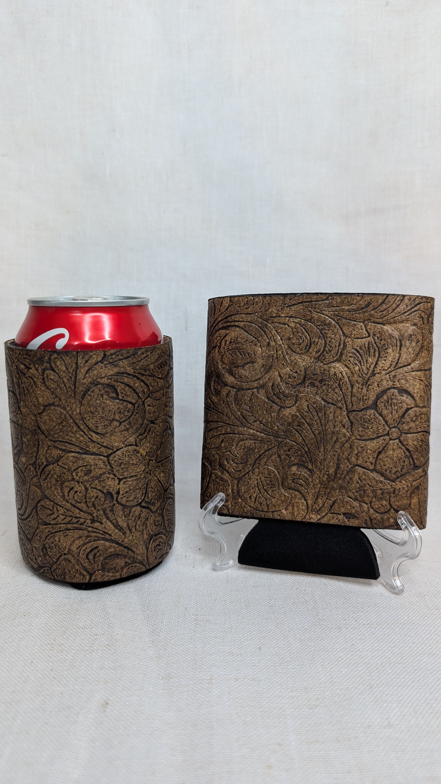 Antiqued Floral Leather Koozie – Handcrafted & Timeless