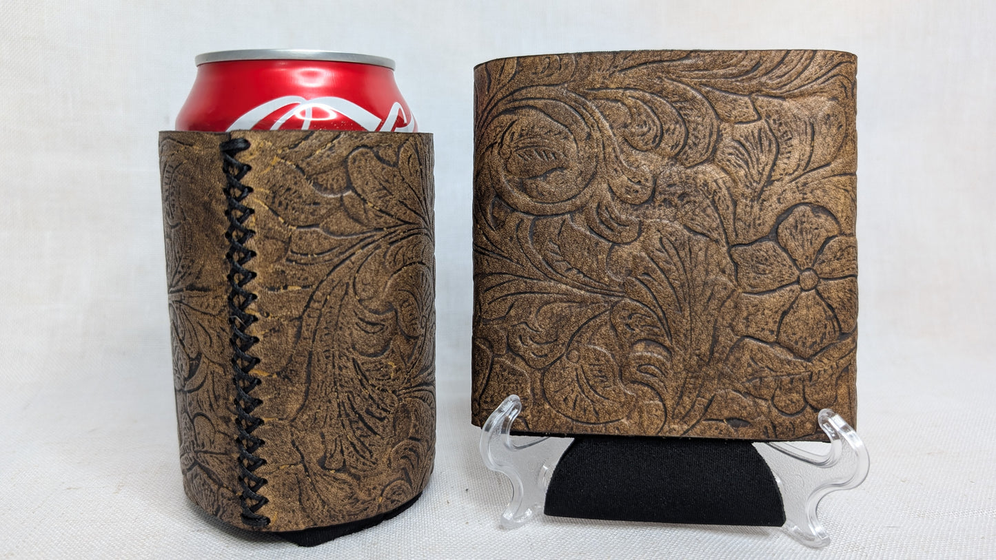 Antiqued Floral Leather Koozie – Handcrafted & Timeless