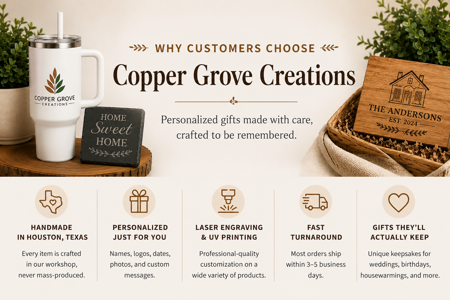 Why customers choose Copper Grove Creations for personalized gifts, custom laser engraving, UV printing, engraved drinkware, custom coasters, and handcrafted keepsakes.