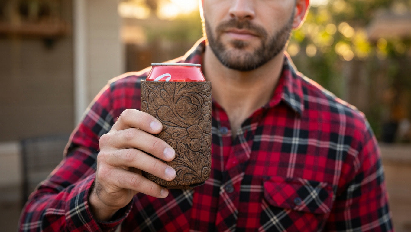 Antiqued Floral Leather Koozie