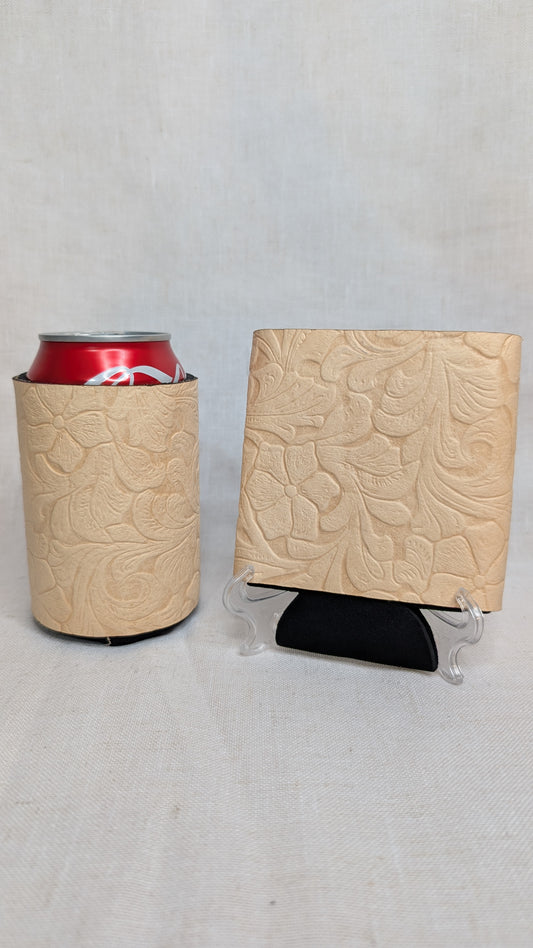 Natural Leather Embossed Floral Koozie – Handcrafted Elegance