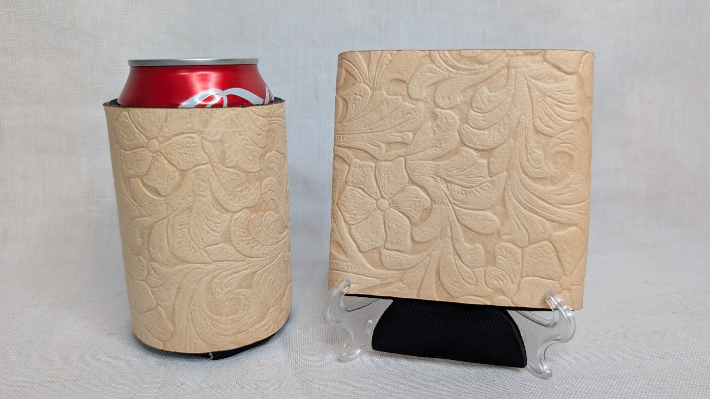 Natural Leather Embossed Floral Koozie – Handcrafted Elegance
