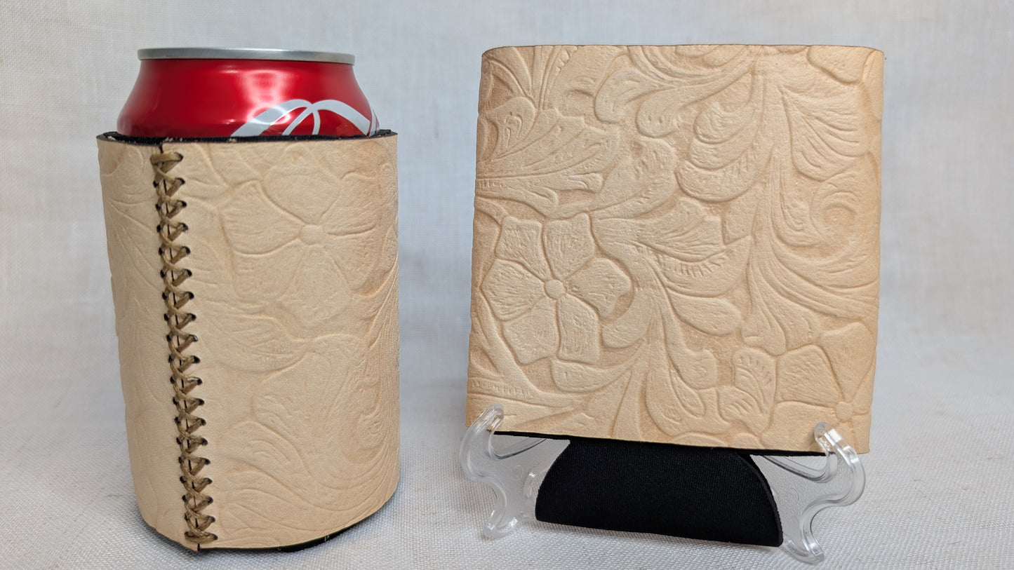 Natural Leather Embossed Floral Koozie – Handcrafted Elegance