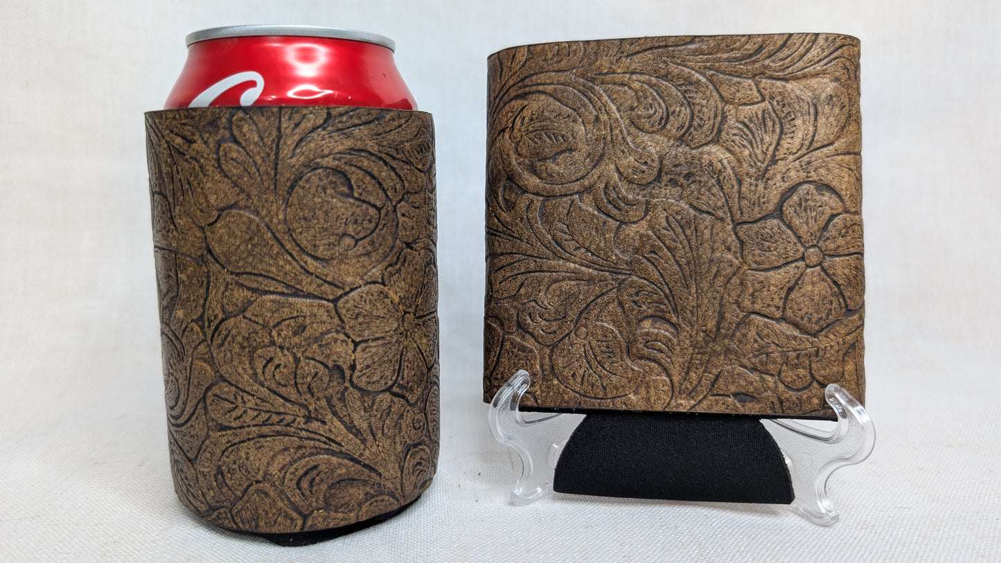 Antiqued Floral Leather Koozie – Handcrafted & Timeless