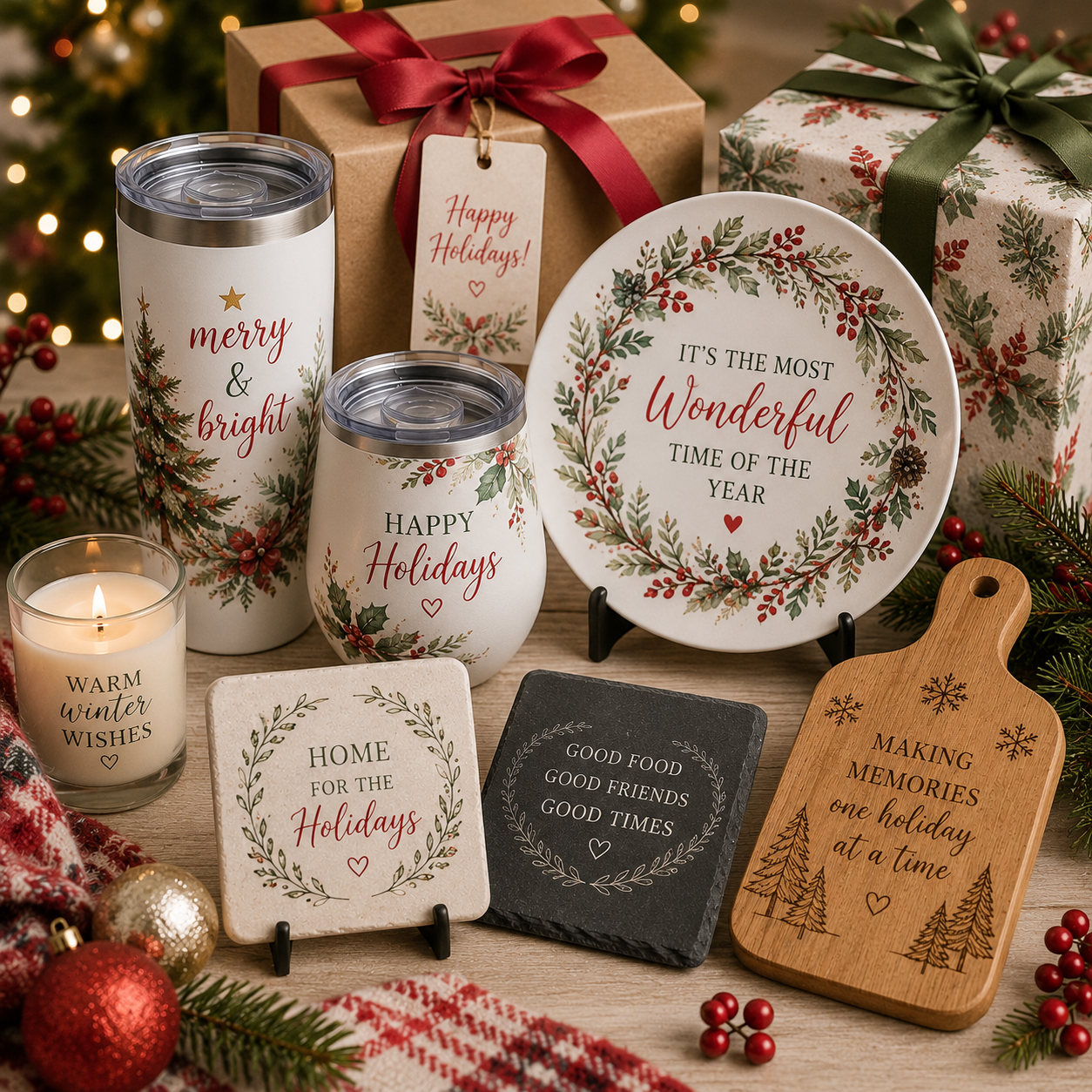 Personalized Christmas gift basket featuring custom UV printed tumblers, engraved holiday decor, slate coasters, cutting board, ornaments, and festive gifts by Copper Grove Creations.