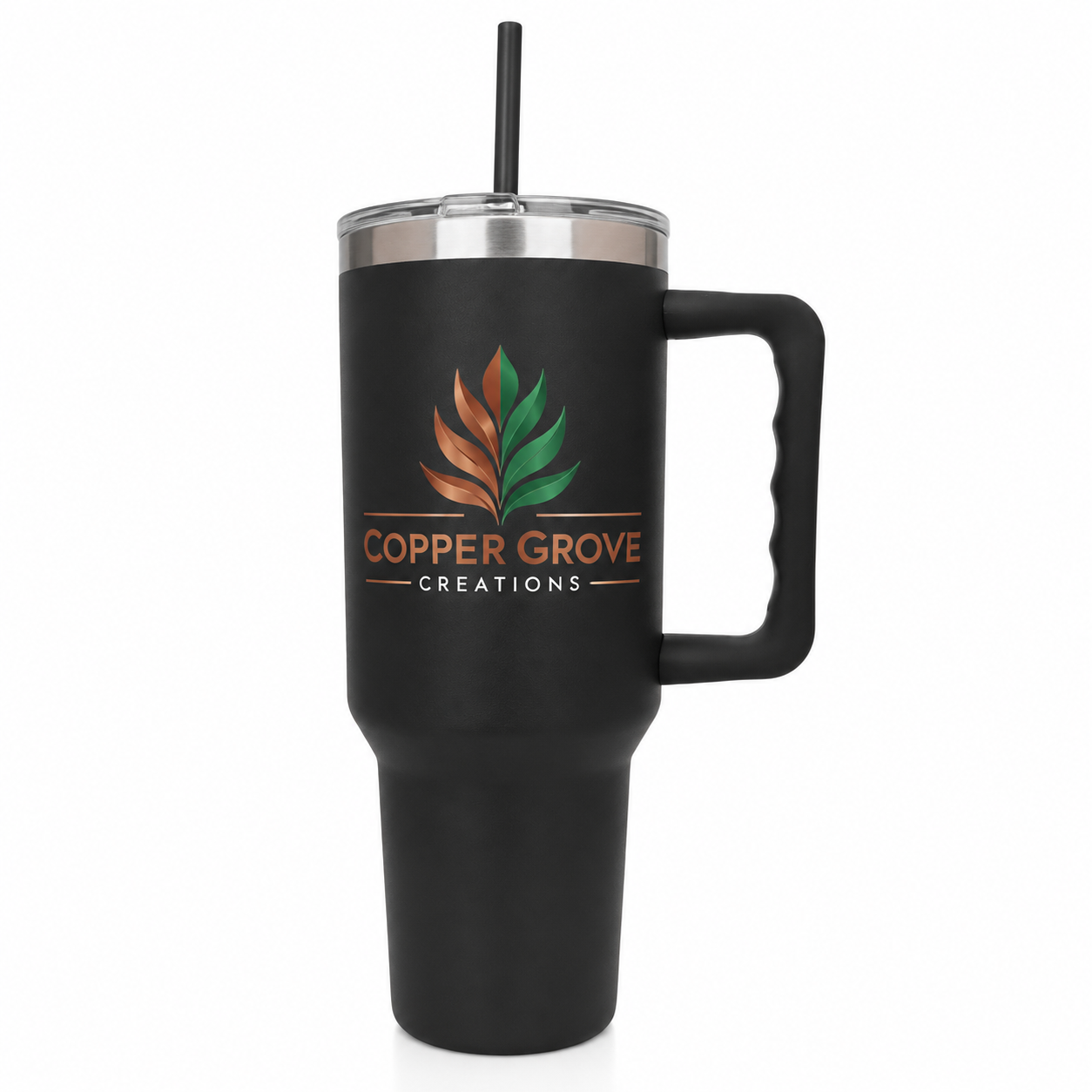 Black Copper Grove Creations UV printed insulated tumbler with handle and straw featuring a custom full-color logo design on a clean white background