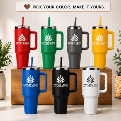 Custom engraved tumblers from Copper Grove Creations available in multiple colors and personalized with names, logos, and custom designs.