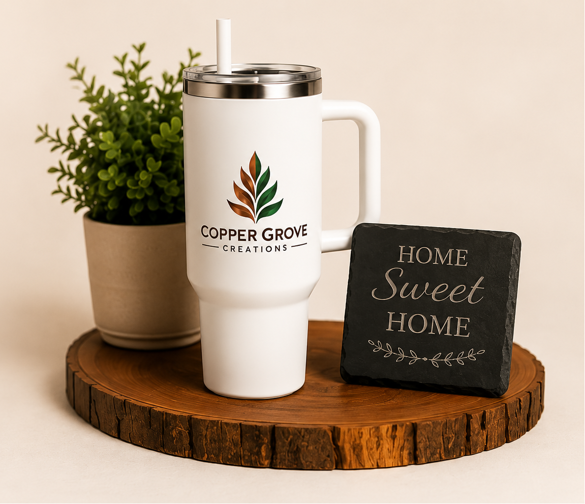 Personalized gifts from Copper Grove Creations featuring a custom UV printed tumbler, engraved slate coaster, and handmade gift items for weddings, housewarmings, corporate gifts, and special occasions.