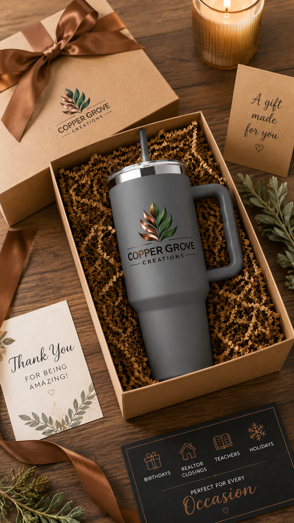 Personalized Copper Grove Creations insulated tumbler presented in a gift box, making the perfect custom gift for birthdays, holidays, anniversaries, and special occasions.