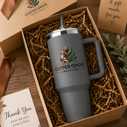 Personalized Copper Grove Creations insulated tumbler presented in a gift box, making the perfect custom gift for birthdays, holidays, anniversaries, and special occasions.