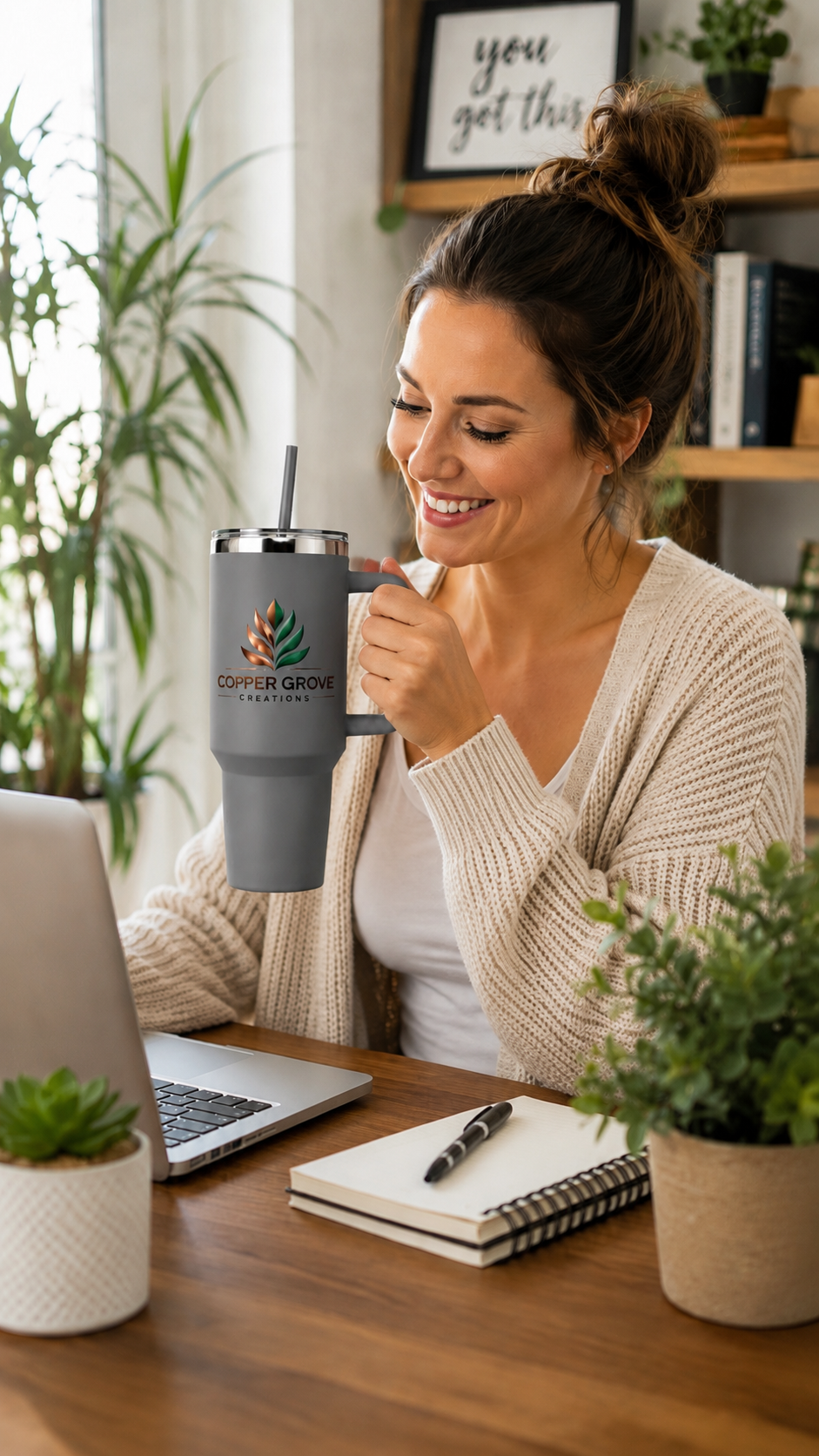 Personalized Copper Grove Creations insulated tumbler used at a home office desk, perfect for workdays, remote work, and everyday hydration.