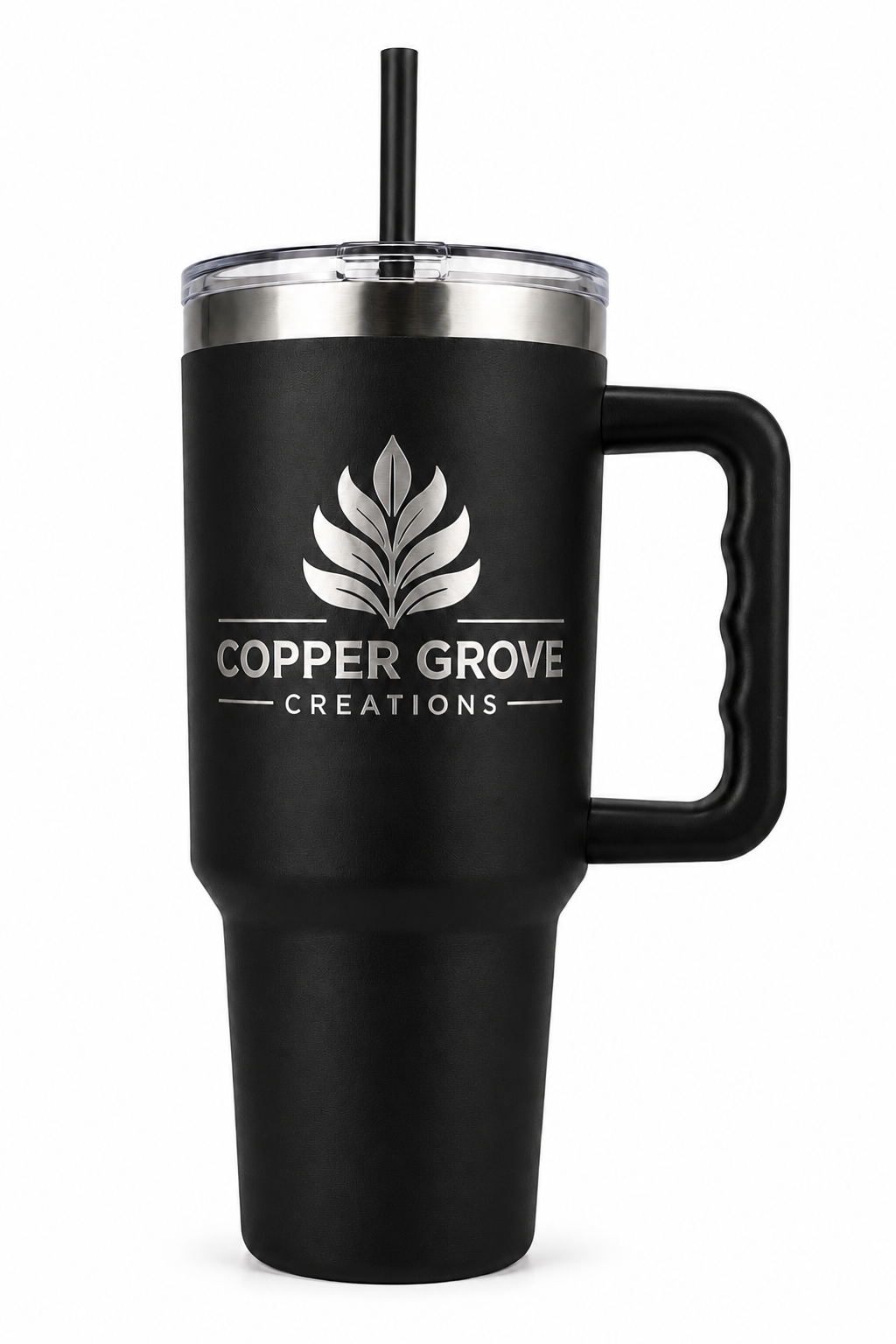 Gray Copper Grove Creations laser engraved insulated tumbler with handle and straw featuring a custom engraved logo design on a clean white background.