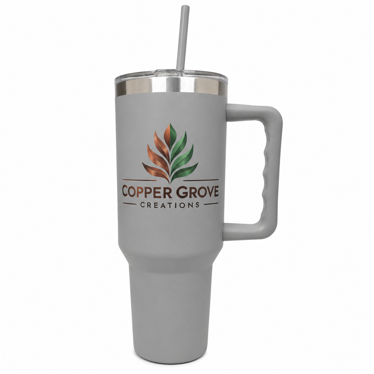 Gray Copper Grove Creations UV printed insulated tumbler with handle and straw featuring a custom full-color logo design on a clean white background.