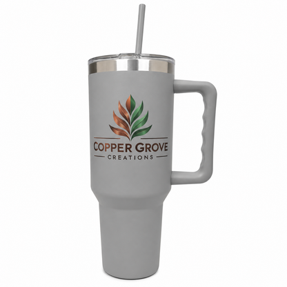 Gray Copper Grove Creations UV printed insulated tumbler with handle and straw featuring a custom full-color logo design on a clean white background.