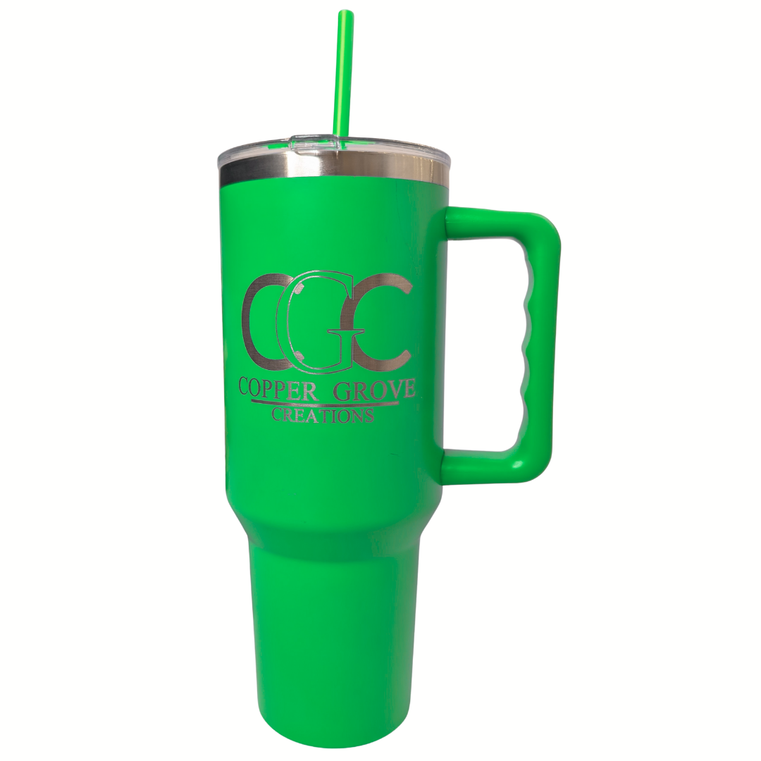 Green Copper Grove Creations laser engraved insulated tumbler with handle and straw featuring a custom engraved logo design on a clean white background.