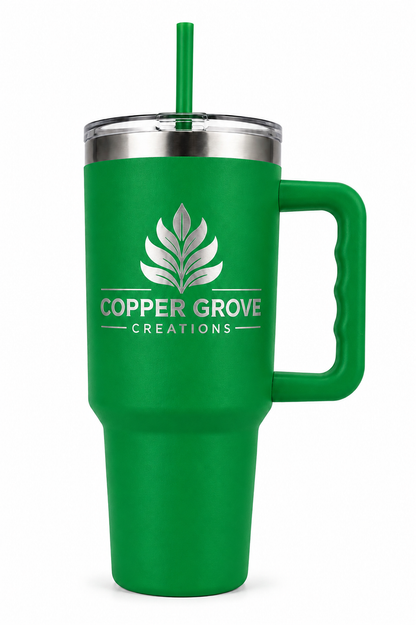 Green Copper Grove Creations laser engraved insulated tumbler with handle and straw featuring a custom engraved logo design on a clean white background.