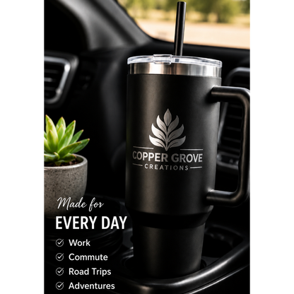 Black Copper Grove Creations laser engraved insulated tumbler in a vehicle cup holder, perfect for work commutes, road trips, and everyday adventures.