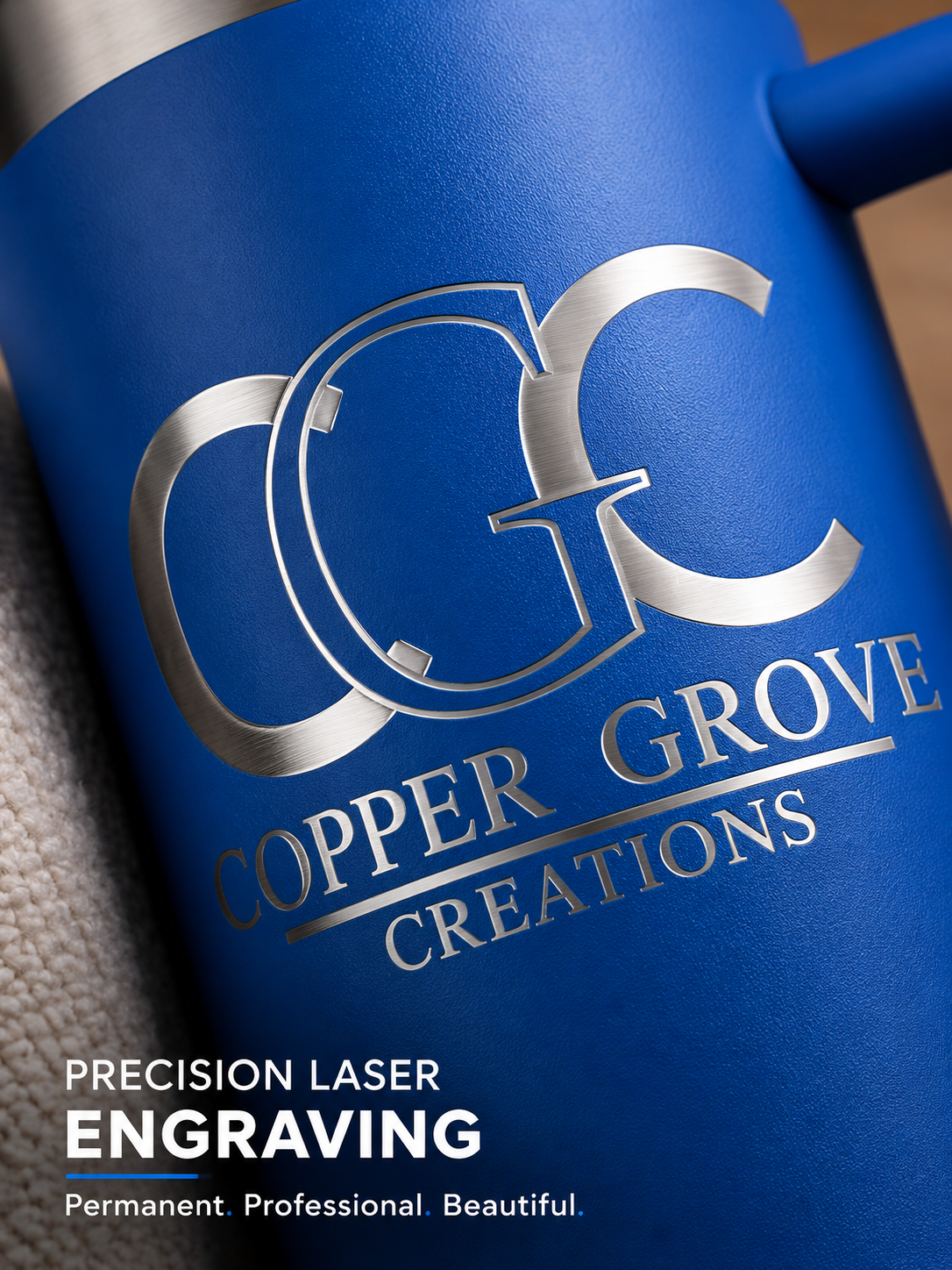 Close-up of the precision laser engraving on a blue Copper Grove Creations insulated tumbler, showcasing the permanent, detailed craftsmanship of the custom engraved design.