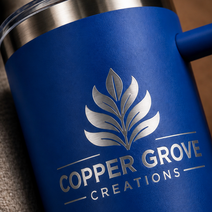 Close-up of the precision laser engraving on a blue Copper Grove Creations insulated tumbler, showcasing the permanent, detailed craftsmanship of the custom engraved design.