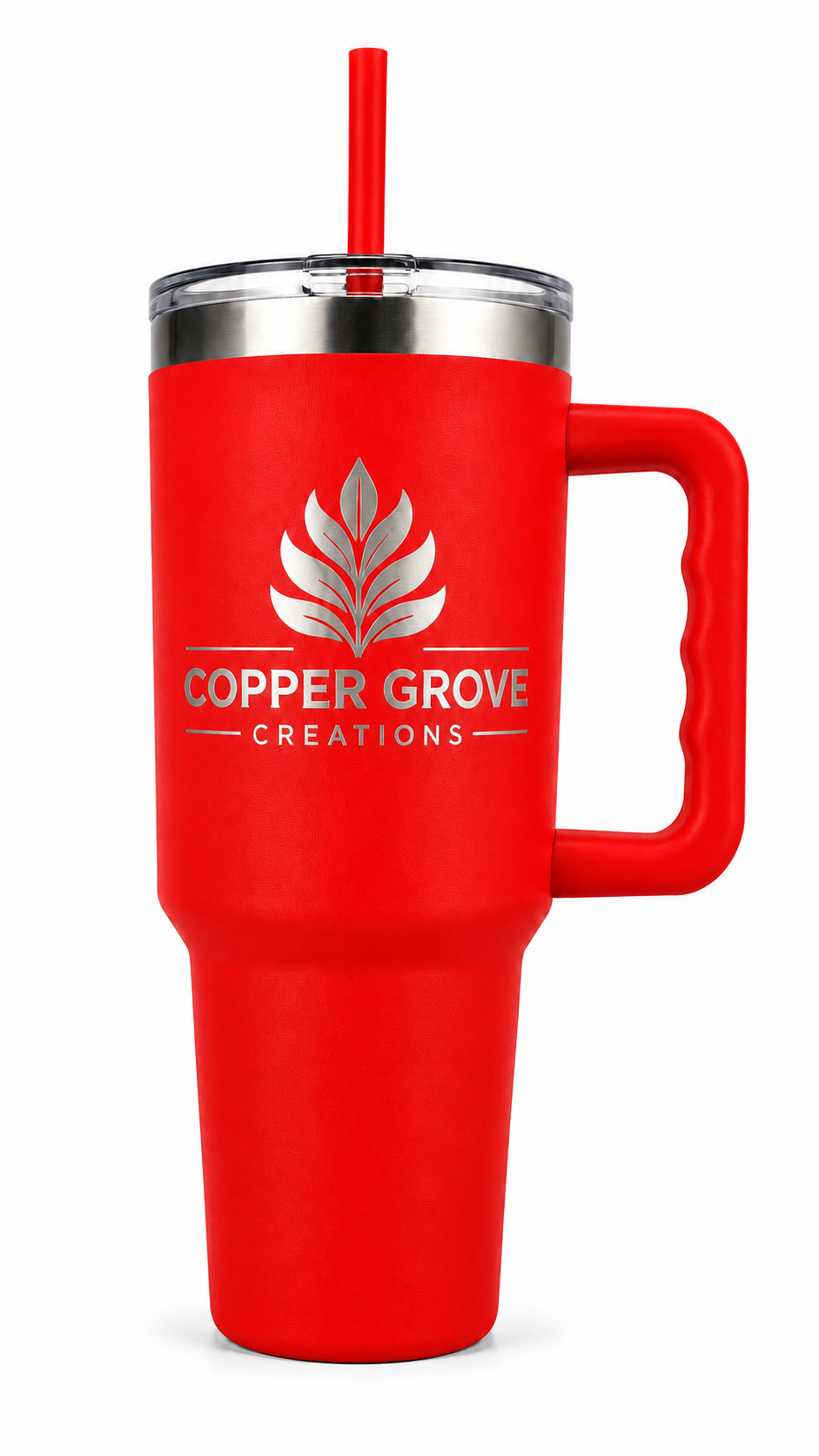 Red Copper Grove Creations laser engraved insulated tumbler with handle and straw featuring a custom engraved logo design on a clean white background.