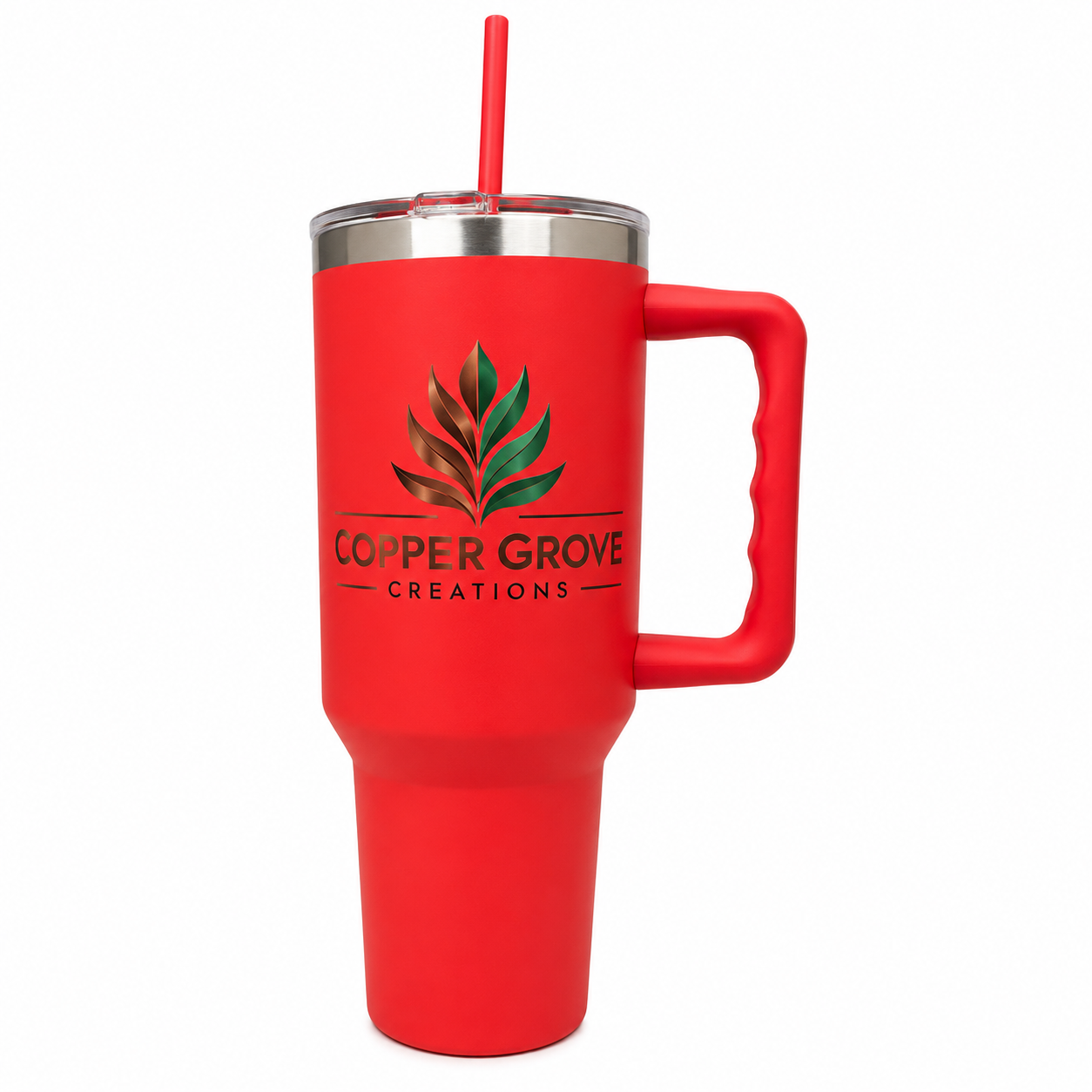 Red Copper Grove Creations UV printed insulated tumbler with handle and straw featuring a custom full-color logo design on a clean white background.