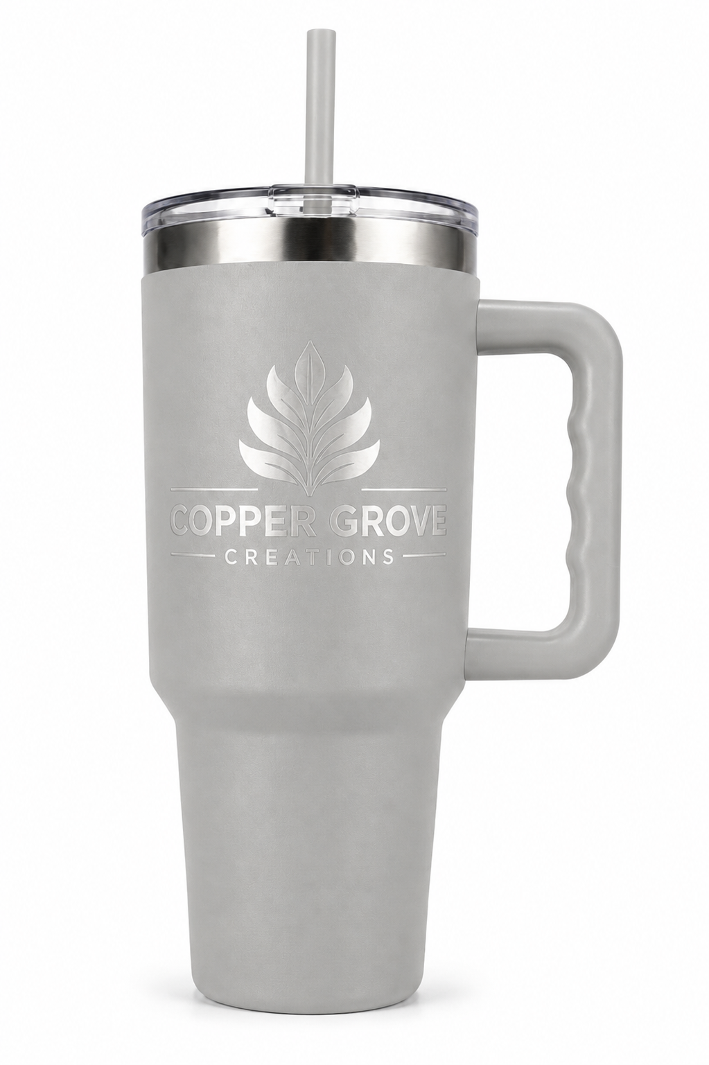 White Copper Grove Creations laser engraved insulated tumbler with handle and straw featuring a custom engraved logo design on a clean white background.