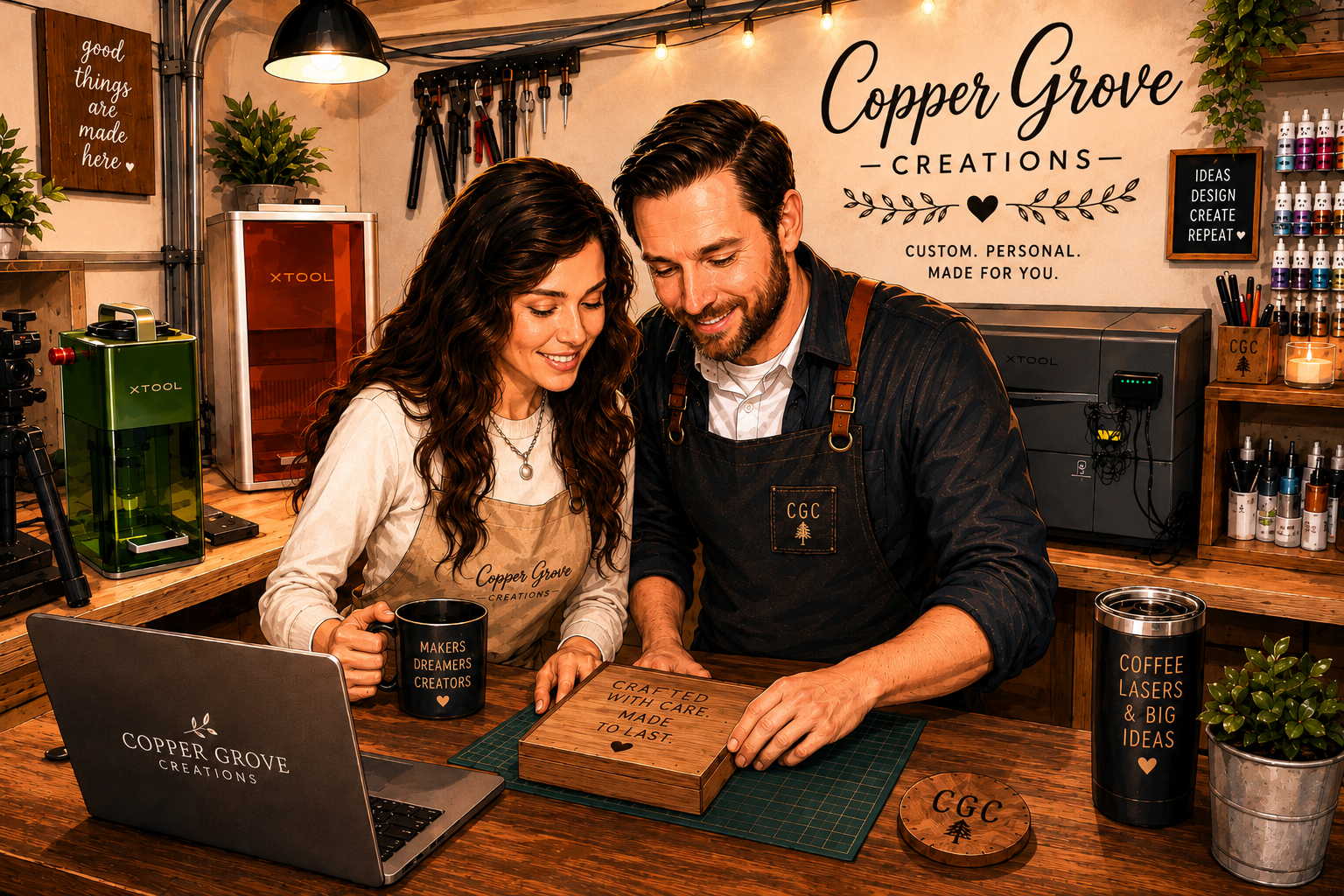 Copper Grove Creations workshop showcasing custom laser engraving, UV printing, and handcrafted personalized gifts created with care in our Houston, Texas studio.