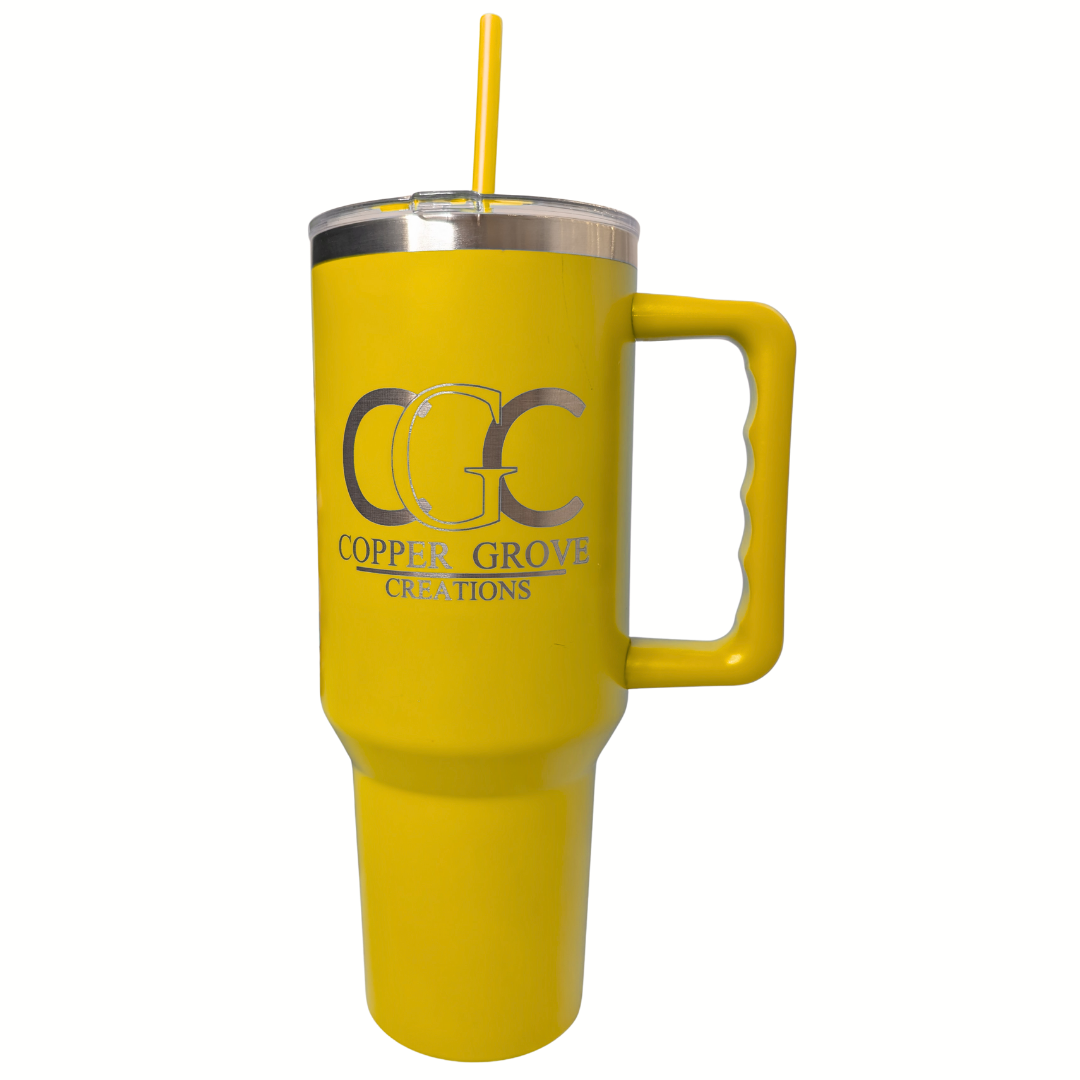 Yellow Copper Grove Creations laser engraved insulated tumbler with handle and straw featuring a custom engraved logo design on a clean white background.