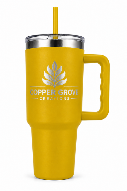 Yellow Copper Grove Creations laser engraved insulated tumbler with handle and straw featuring a custom engraved logo design on a clean white background.