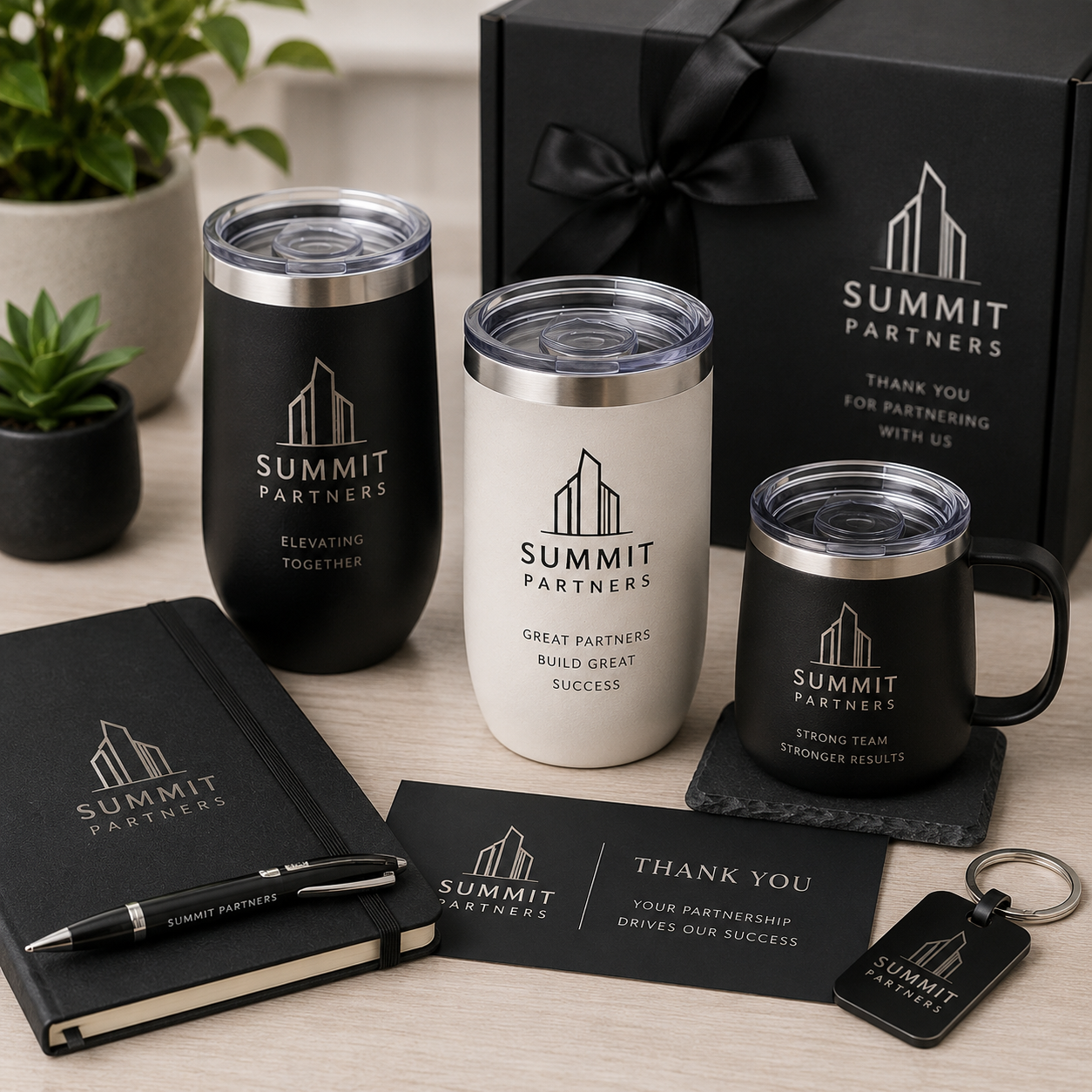 Corporate gift set featuring custom engraved tumblers, branded drinkware, promotional merchandise, company logo gifts, and employee appreciation gifts by Copper Grove Creations.