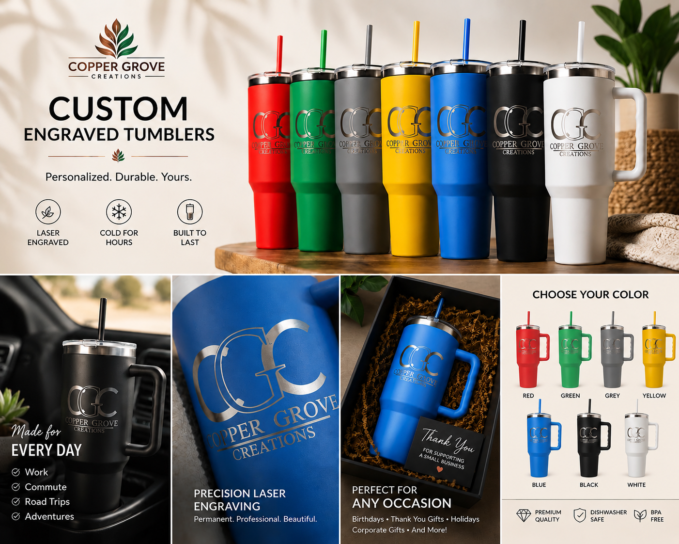 Corporate gifts and bulk order products featuring custom laser engraving, branded drinkware, personalized leather goods, and promotional items for businesses, realtors, and events by Copper Grove Creations.