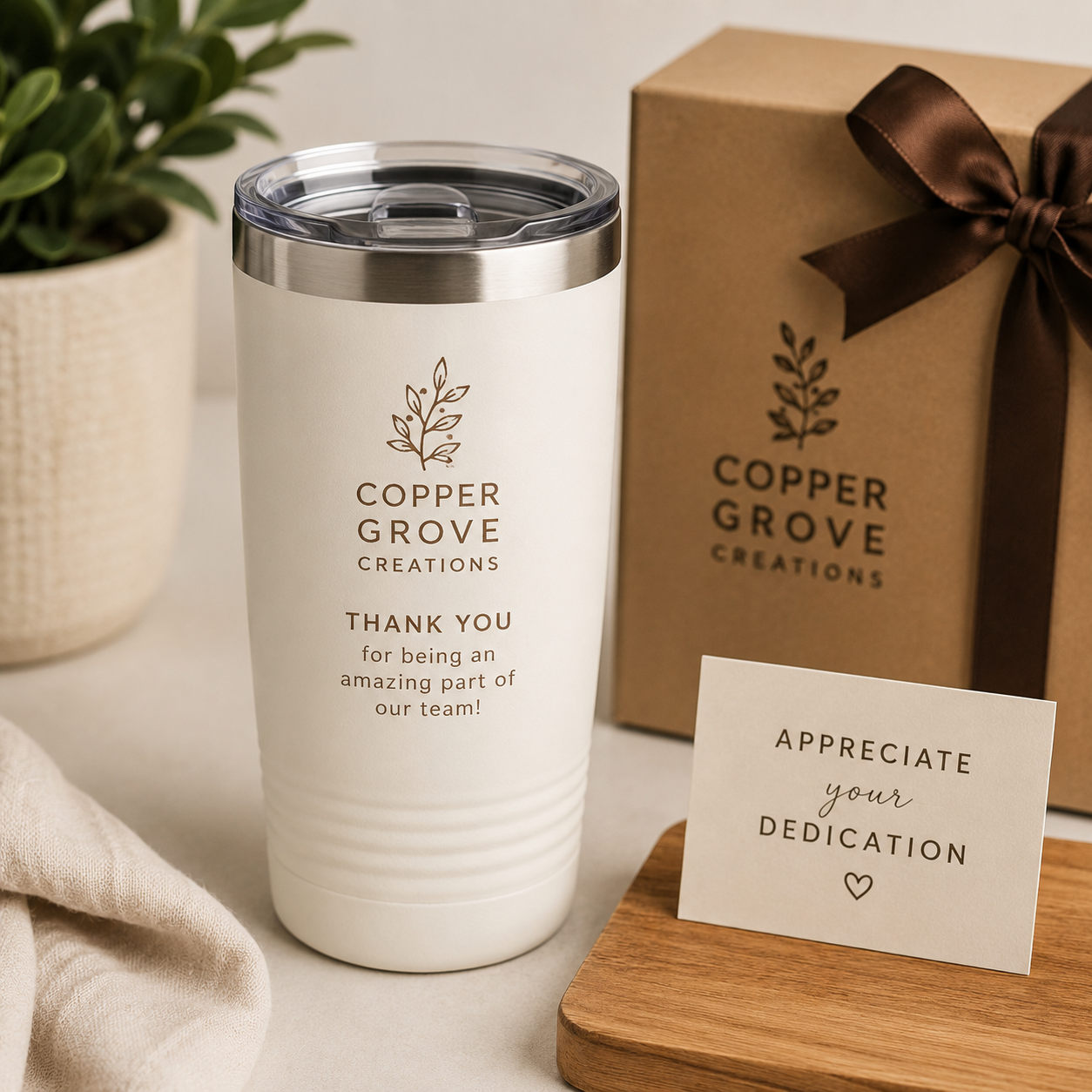 Employee appreciation gift featuring a personalized tumbler, custom gift box, thank you card, and corporate recognition gift by Copper Grove Creations.