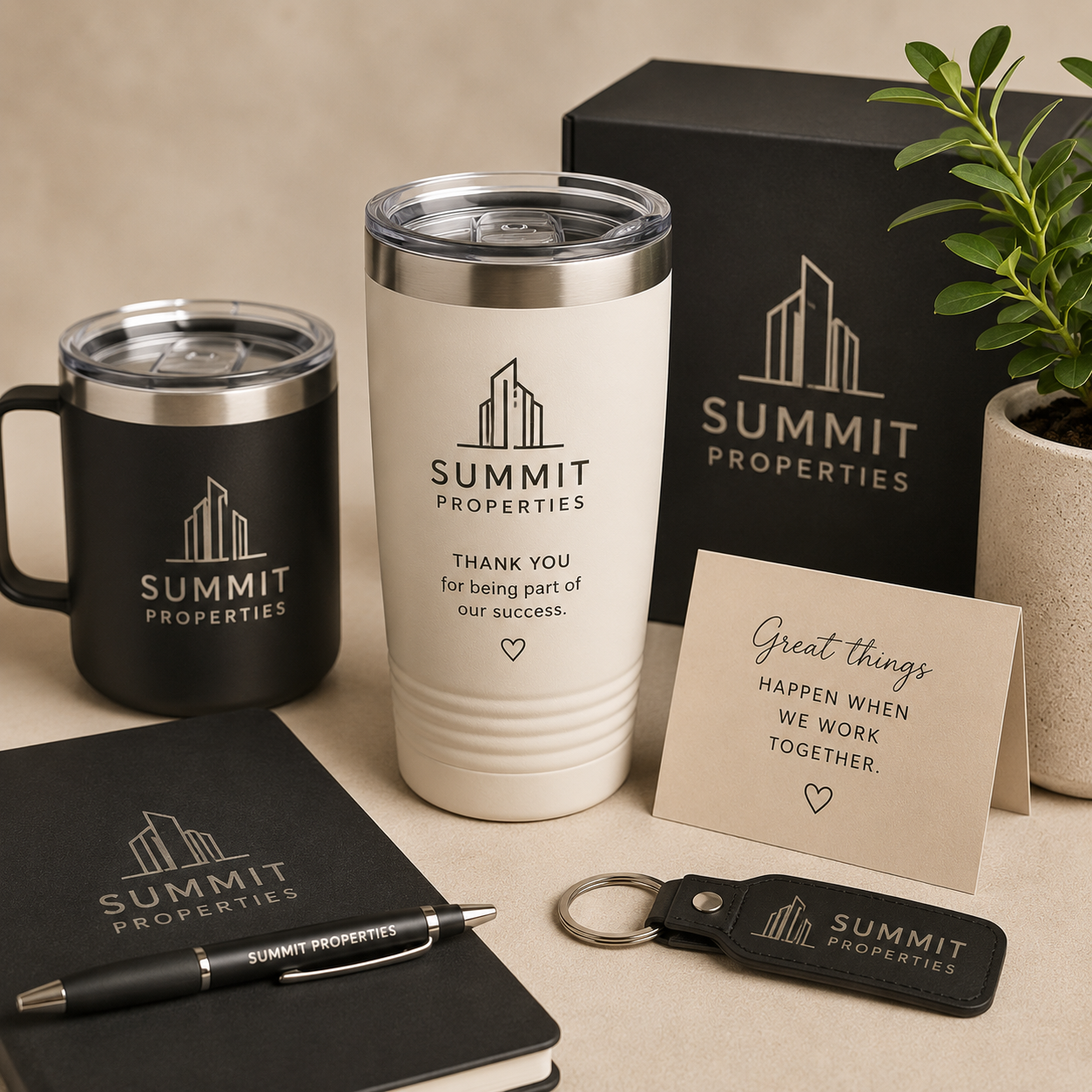 Custom branded corporate gift set featuring logo engraved tumblers, promotional drinkware, notebooks, pens, keychains, and business appreciation gifts by Copper Grove Creations.