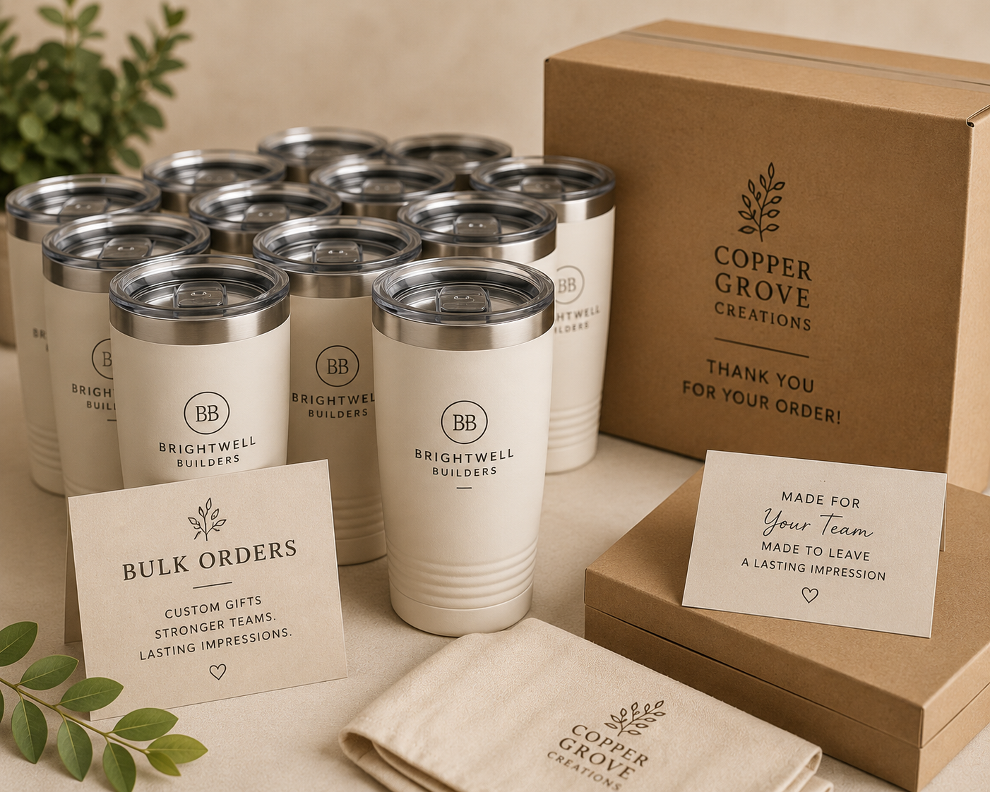 Custom corporate gifts featuring branded tumblers, promotional drinkware, bulk order gifts, and personalized business merchandise by Copper Grove Creations.