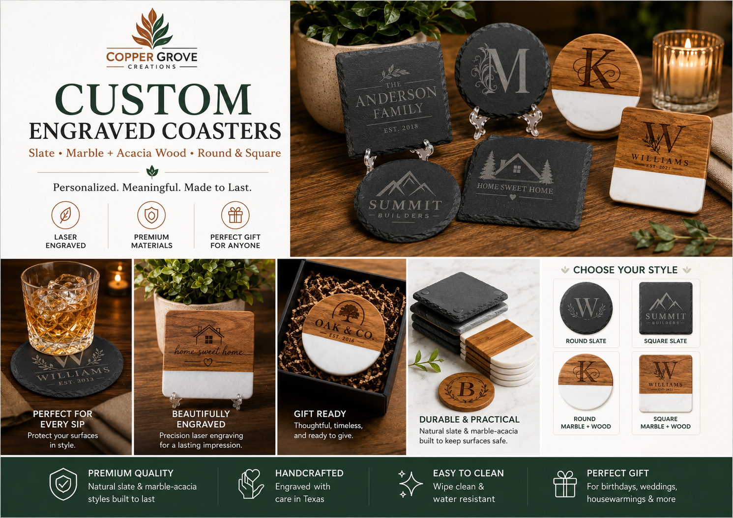 Custom engraved coaster collection featuring round and square slate, marble, and acacia wood coasters with personalized designs.