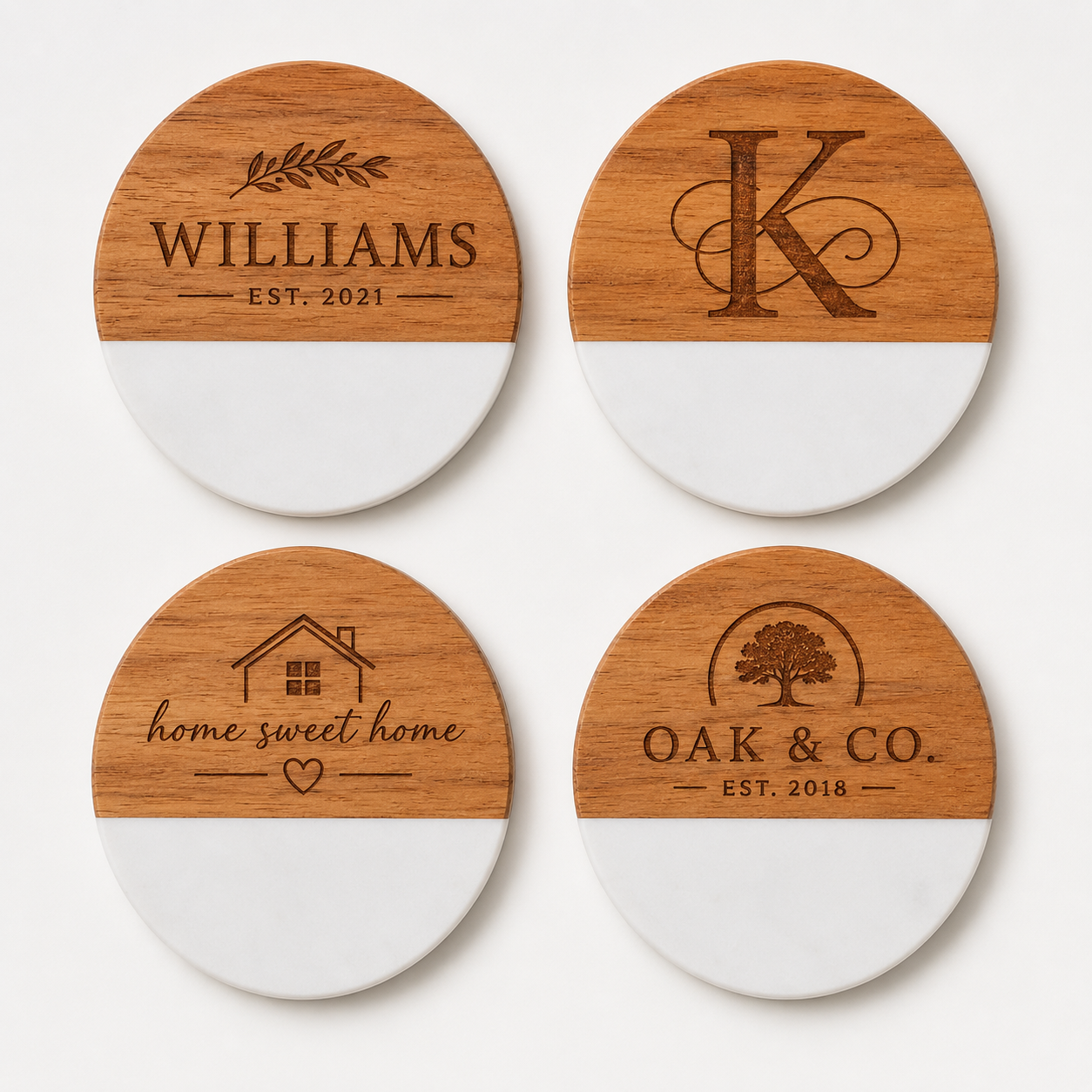 Set of four custom engraved round marble and acacia wood coasters featuring a family name, monogram, home design, and business logo.