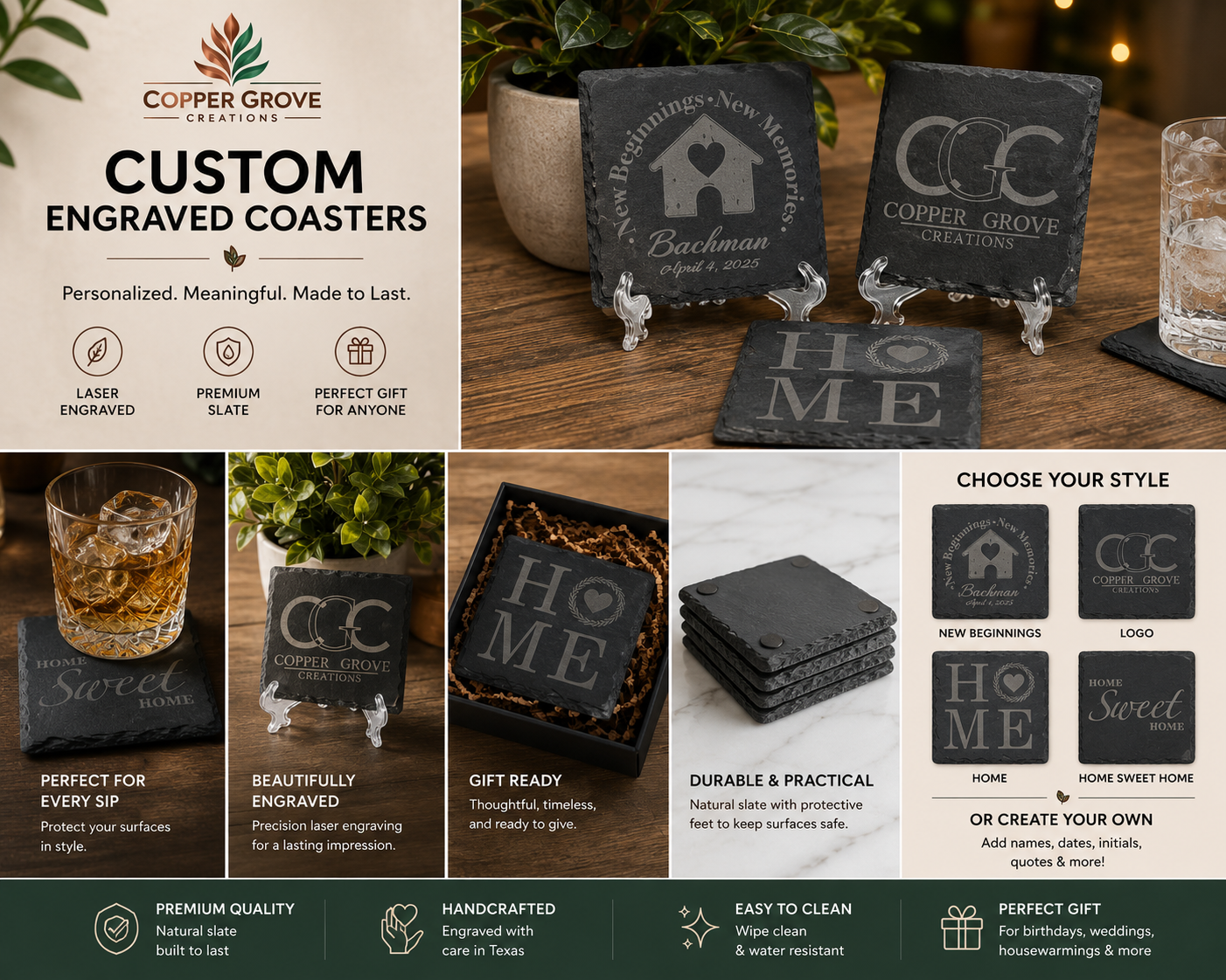 Custom engraved slate coasters featuring personalized designs, family names, logos, and home décor styles, handcrafted as unique gifts by Copper Grove Creations.