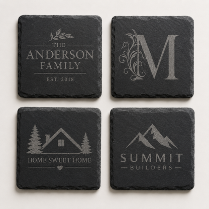Set of four custom engraved square slate coasters featuring a family name, monogram, home design, and business logo.