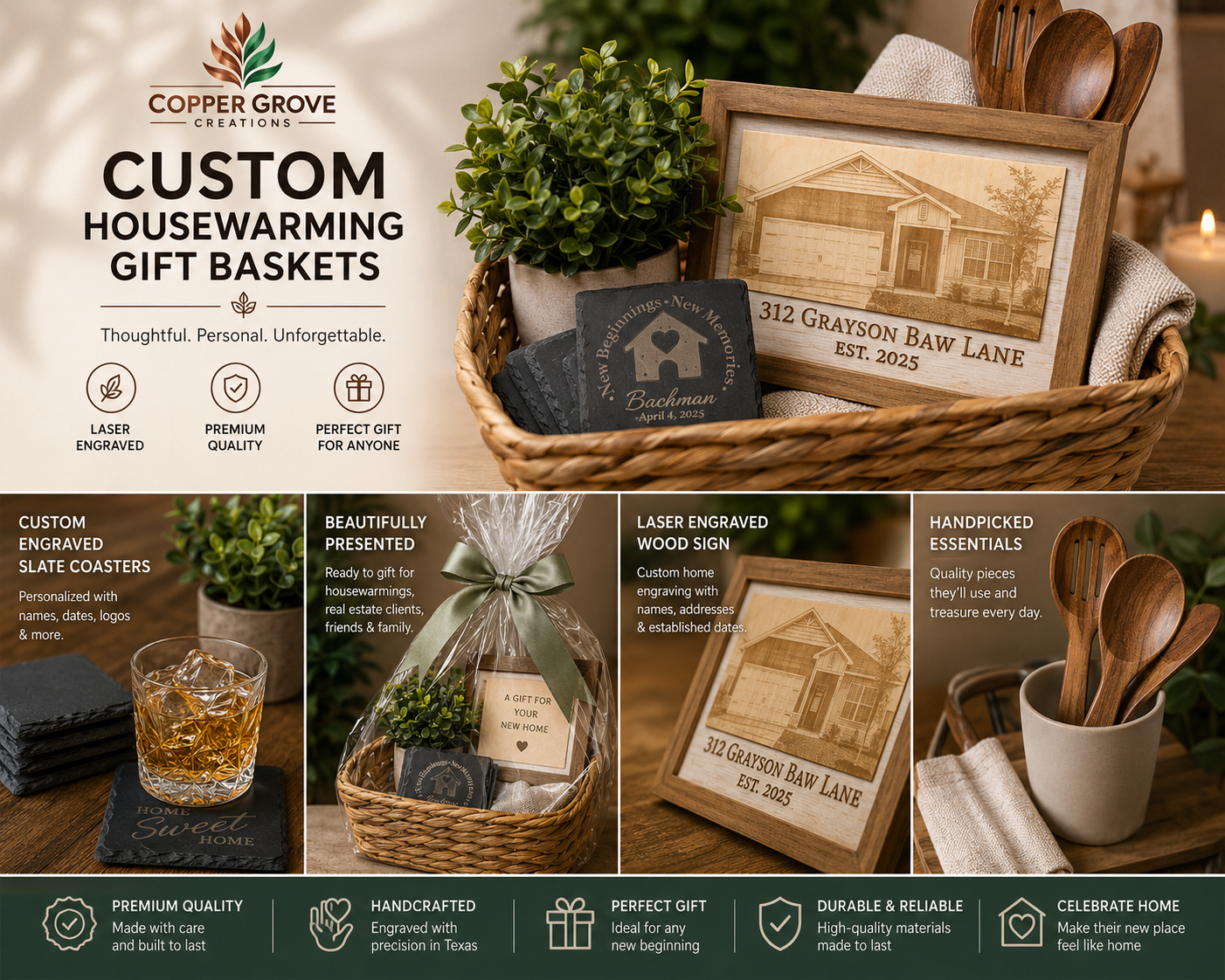 Custom housewarming gift basket featuring personalized engraved coasters, custom home décor, and thoughtful keepsakes designed to celebrate new homeowners by Copper Grove Creations.