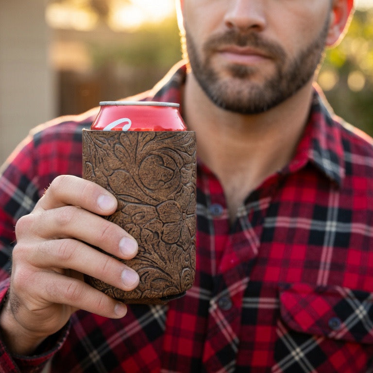 Man holding a red beverage can in a brown embossed floral leather koozie outdoors.