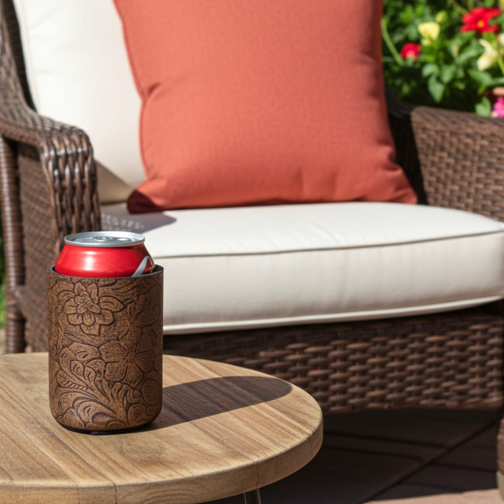 Brown embossed floral leather can cooler holding a red beverage can on an outdoor patio table beside wicker seating.