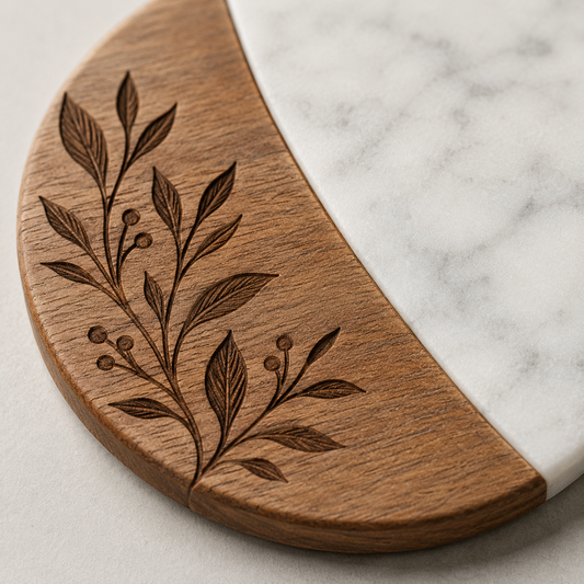 Close-up of a round acacia wood and white marble coaster with a laser engraved botanical design in the wood section.
