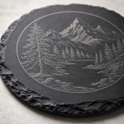 Close-up of a round slate coaster laser engraved with a detailed mountain, forest, and lake design.