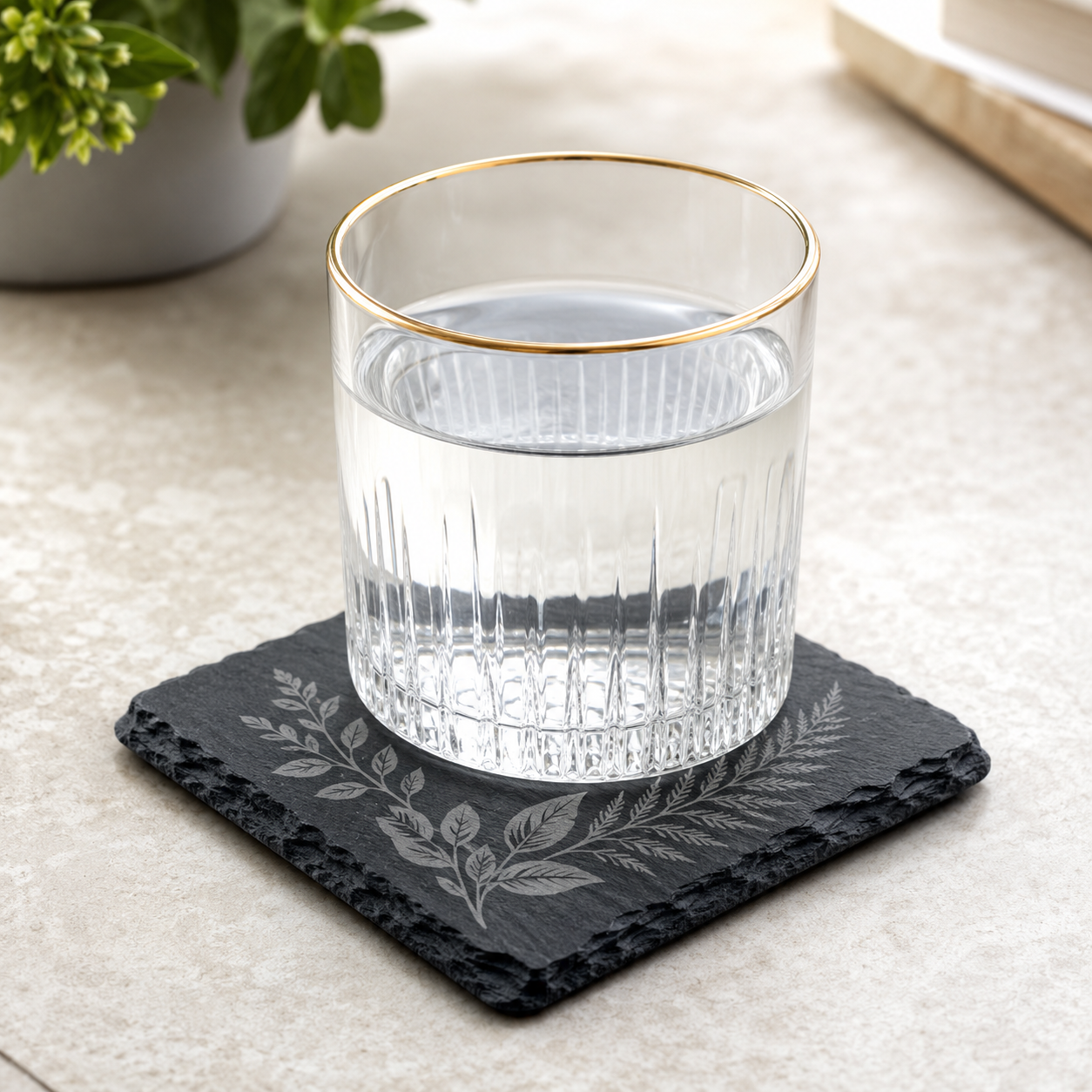 Clear drinking glass resting on a square engraved slate coaster with a light gray botanical design on a light stone tabletop.