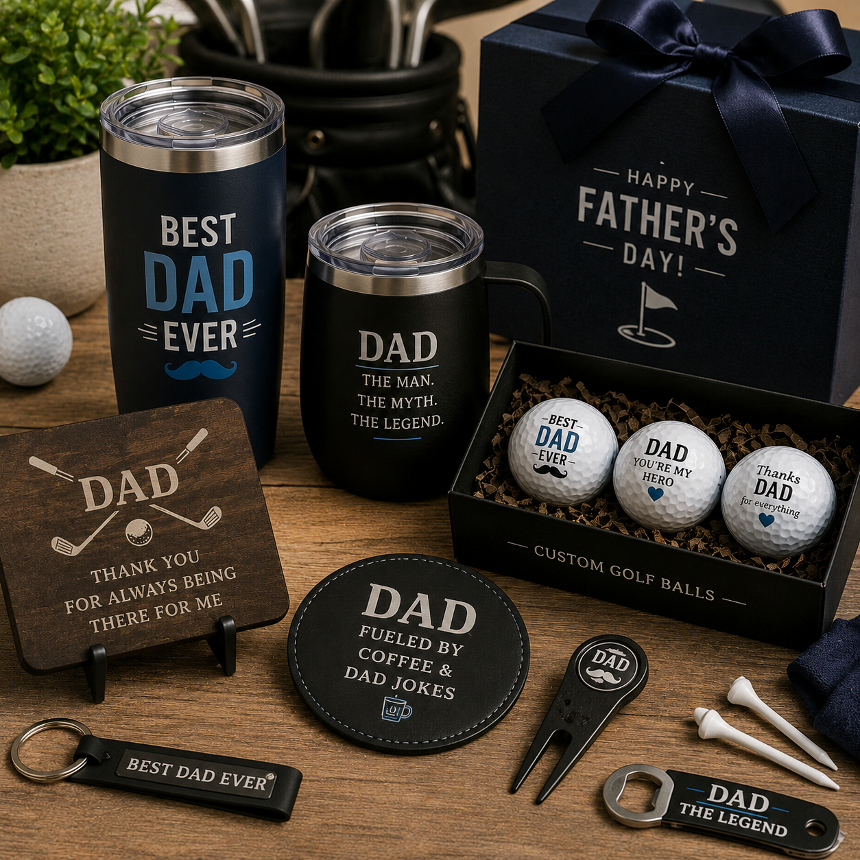 Personalized Father's Day gift basket featuring custom UV printed golf balls, engraved tumblers, golf accessories, custom keychains, and unique gifts for dad by Copper Grove Creations.